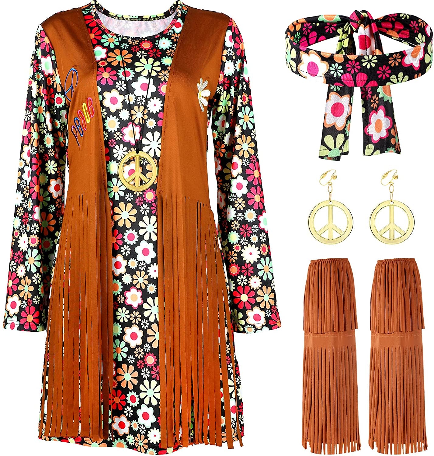 Poor Quality-Women Hippie Costume Set Peace Sign Earring Necklace Headband Dress Ankle Socks Poor Quality