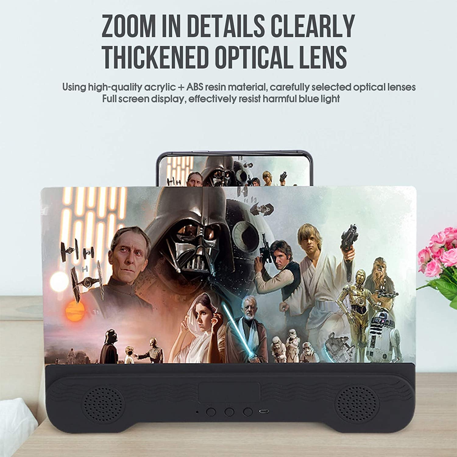 14" Phone Screen Magnifier with Bluetooth Speakers, 6D HD Magnifying Projector Screen Enlarger for Movies, Videos, Games, Adjustable Cell Phone Stand with Screen Amplifier, Supports All Smartphones