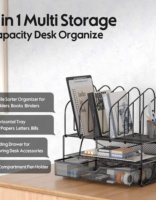 Load image into Gallery viewer, Desk Organizers and Accessories Storage, Desktop Organizer with Drawer &amp; Double Tray &amp; 5 File Sorters &amp; Pen Holder, Mesh Desk Accessories &amp; Workspace Organizers for Office Supplies(Black)
