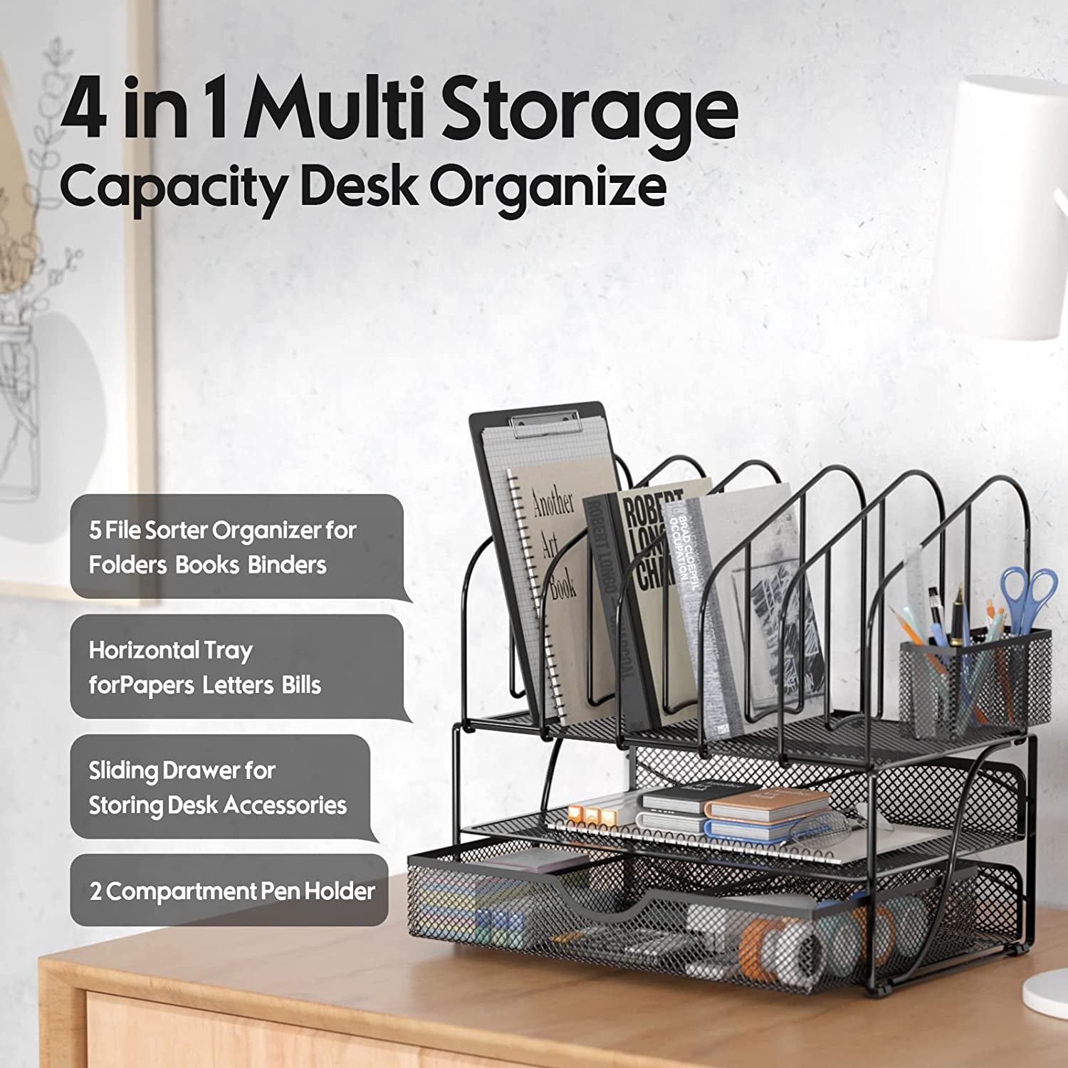 Desk Organizers and Accessories Storage, Desktop Organizer with Drawer & Double Tray & 5 File Sorters & Pen Holder, Mesh Desk Accessories & Workspace Organizers for Office Supplies(Black)
