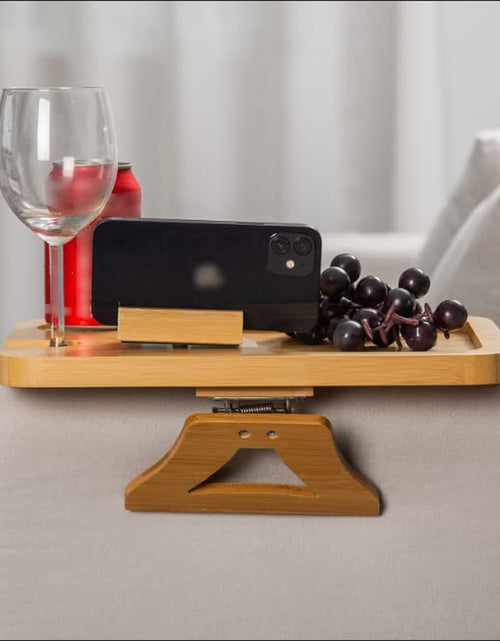 Load image into Gallery viewer, Bamboo Couch Arm Tray Table, Foldable Sofa Arm Tray Clip Table Goblet Card Slots, 360° Rotating Phone Holder, Couch Armchair Tray Meals/Drinks/Snacks/Wine/Controls (Rectangular) Primary Colors
