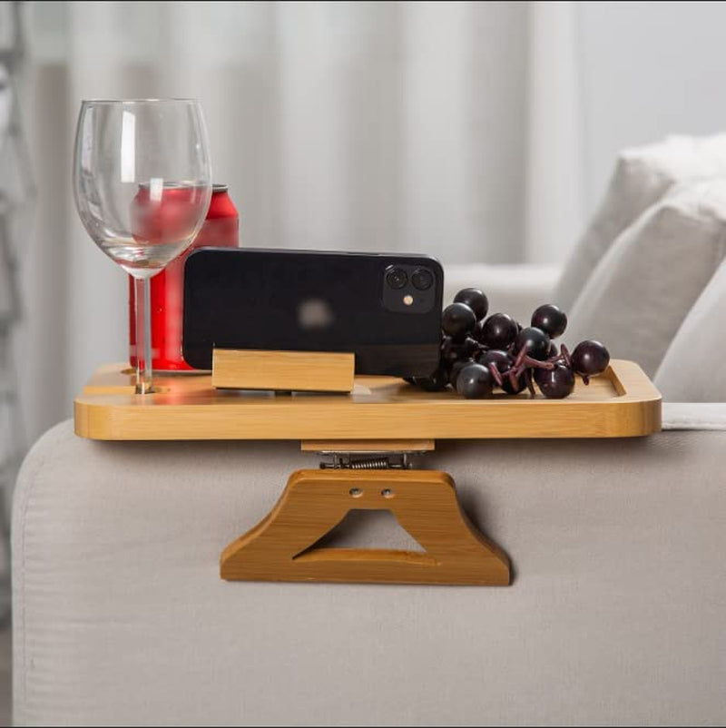 Bamboo Couch Arm Tray Table, Foldable Sofa Arm Tray Clip Table Goblet Card Slots, 360° Rotating Phone Holder, Couch Armchair Tray Meals/Drinks/Snacks/Wine/Controls (Rectangular) Primary Colors