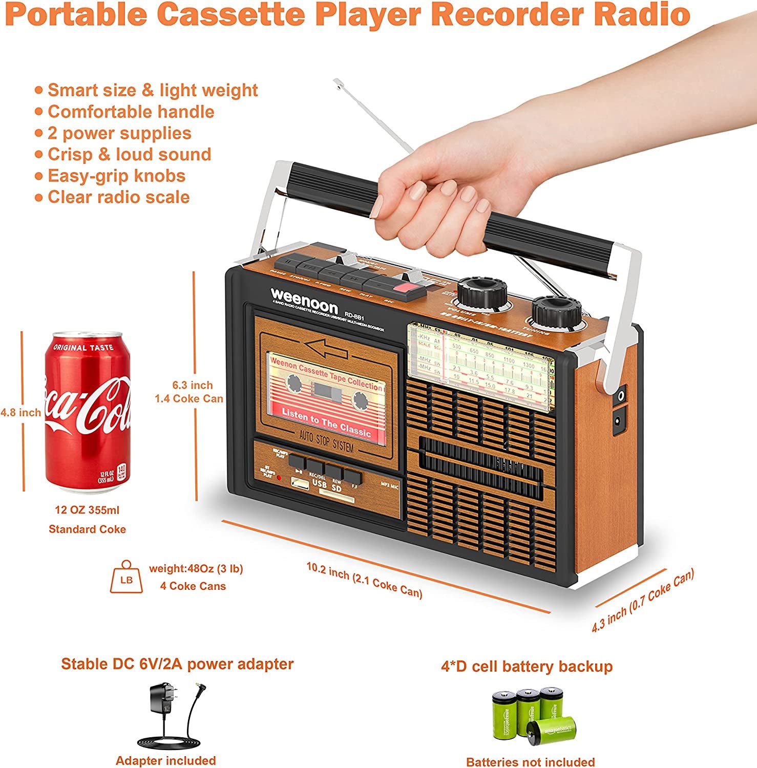 Portable Cassette Player Recorder Radio, Bluetooth Boombox Cassette Converter to Digital USB/SD Mp3,Strong Reception AM FM Shortwave Radio Simple & Easy Use, Headphone Jack DC Adapter/Battery Powered