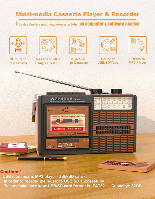 Load image into Gallery viewer, Portable Cassette Player Recorder Radio, Bluetooth Boombox Cassette Converter to Digital USB/SD Mp3,Strong Reception AM FM Shortwave Radio Simple &amp; Easy Use, Headphone Jack DC Adapter/Battery Powered
