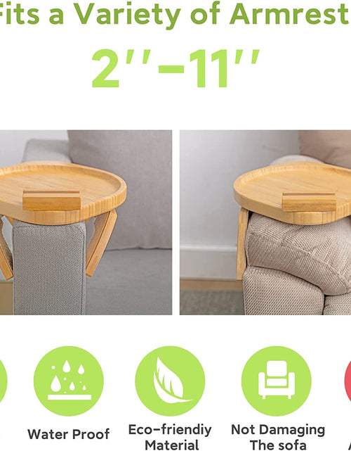 Load image into Gallery viewer, Bamboo Sofa Tray Table Clip on Side Table Couch Arm with 360° Rotating Phone Holder, Couch Tray for Arm, Sofa Table for Eating/Drinks/Snacks/Remote/Control
