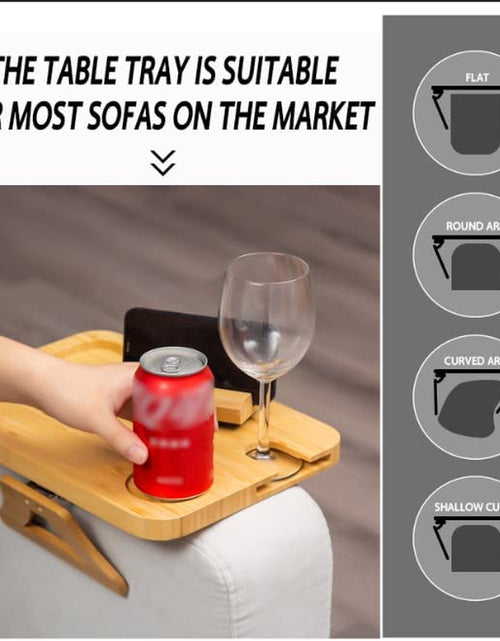Load image into Gallery viewer, Bamboo Couch Arm Tray Table, Foldable Sofa Arm Tray Clip Table Goblet Card Slots, 360° Rotating Phone Holder, Couch Armchair Tray Meals/Drinks/Snacks/Wine/Controls (Rectangular) Primary Colors

