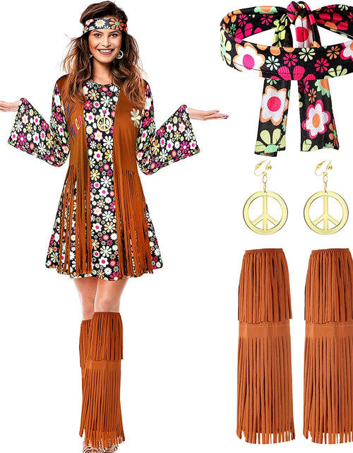 Load image into Gallery viewer, Poor Quality-Women Hippie Costume Set Peace Sign Earring Necklace Headband Dress Ankle Socks Poor Quality
