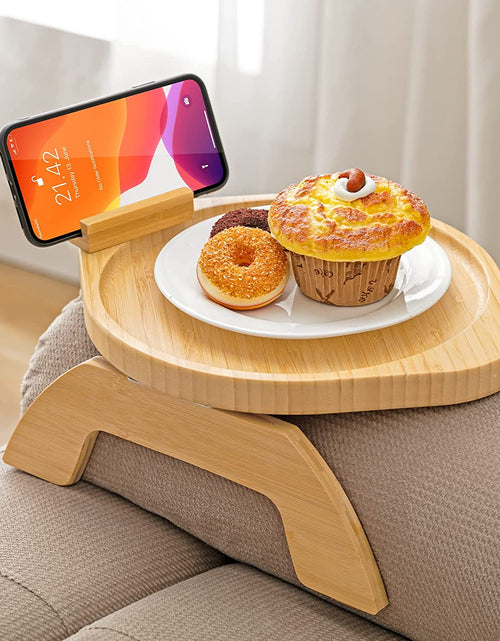 Load image into Gallery viewer, Bamboo Sofa Tray Table Clip on Side Table Couch Arm with 360° Rotating Phone Holder, Couch Tray for Arm, Sofa Table for Eating/Drinks/Snacks/Remote/Control

