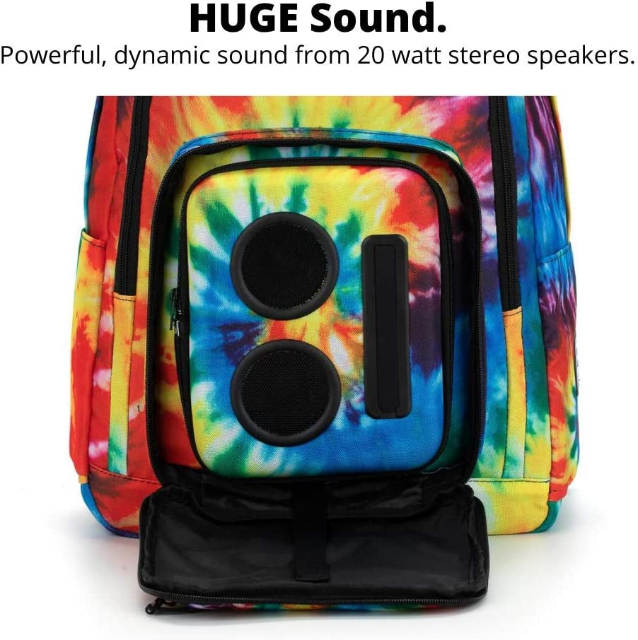 Bluetooth Speaker Backpack with 20-Watt Speakers & Subwoofer for Parties/Festivals/Beach/School. Rechargeable, Works with Iphone & Android (Tie Dye, 2022 Edition)