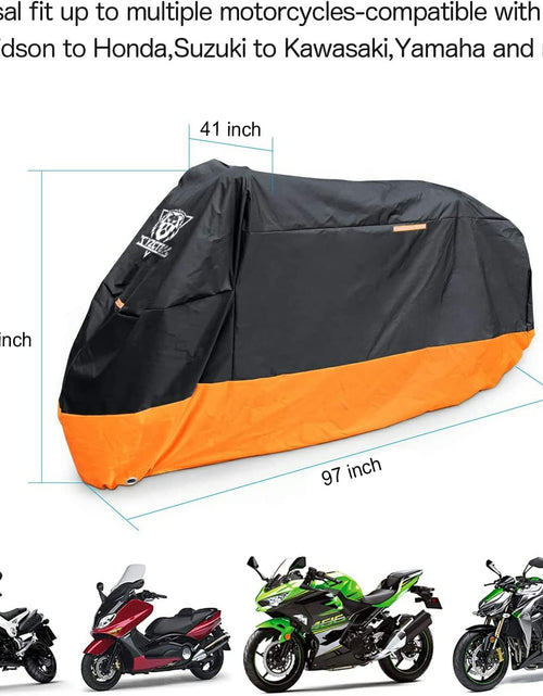 Load image into Gallery viewer, Motorcycle Cover – All Season Waterproof Outdoor Protection – Precision Fit up to 96 Inch Tour Bikes, Choppers and Cruisers – Protect against Dust, Debris, Rain and Weather(Xl,Black&amp; Orange)

