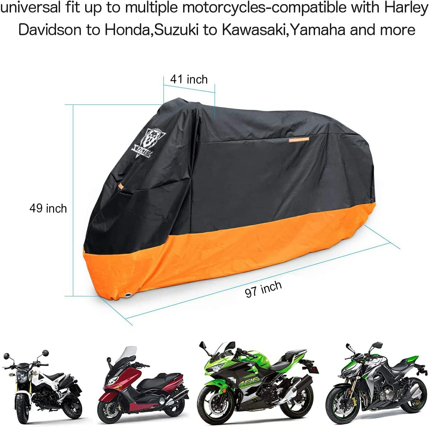 Motorcycle Cover – All Season Waterproof Outdoor Protection – Precision Fit up to 96 Inch Tour Bikes, Choppers and Cruisers – Protect against Dust, Debris, Rain and Weather(Xl,Black& Orange)