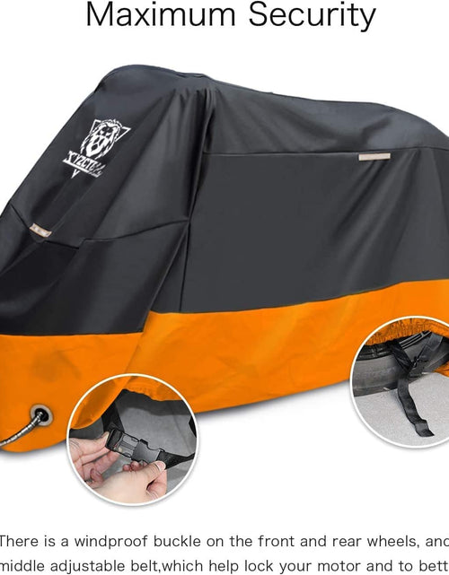 Load image into Gallery viewer, Motorcycle Cover – All Season Waterproof Outdoor Protection – Precision Fit up to 96 Inch Tour Bikes, Choppers and Cruisers – Protect against Dust, Debris, Rain and Weather(Xl,Black&amp; Orange)
