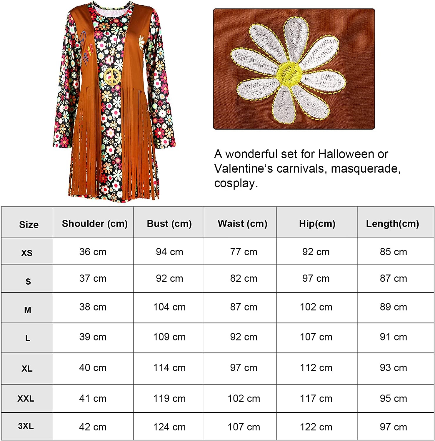 Poor Quality-Women Hippie Costume Set Peace Sign Earring Necklace Headband Dress Ankle Socks Poor Quality