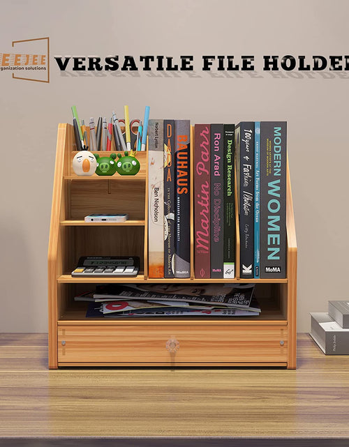 Load image into Gallery viewer, Vertical File Organizer for Desk with Drawer Tray and 3 Upright Sections, Desktop File Document Organizer with Pen Holders and Shelves, Desk Magazine Rack, Small Mail Sorter, File Folder Holder,Khaki
